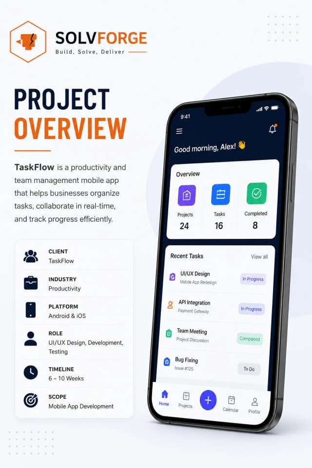 TaskFlow project overview slide — client, industry, platform, role, timeline, and scope