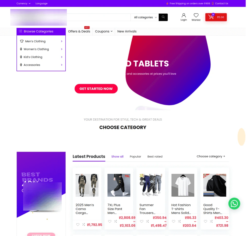 Custom-apparel e-commerce storefront, branding blurred