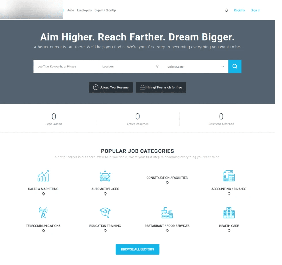 Job portal homepage, branding blurred